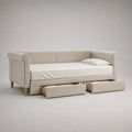 Tagesbett 90 × 200 cm aus Polyester-Chenille in Beige mit 3 Schubladen, Gesamtmaß 221 × 101 × 91 cm