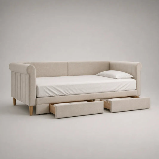 Lit d'une journée 90 × 200 cm en chenille en polyester beige avec 3 tiroirs, dimensions totales 221 × 101 × 91 cm