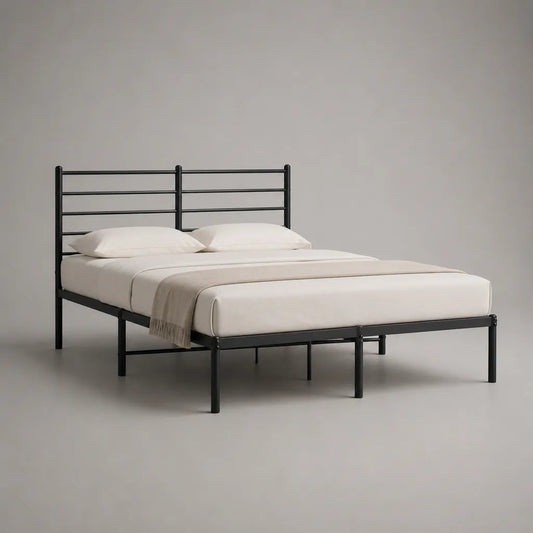 Lit double en métal avec tête de lit, noir, couchage 140 × 200 cm, dimensions totales environ 145 × 205 × 110 cm