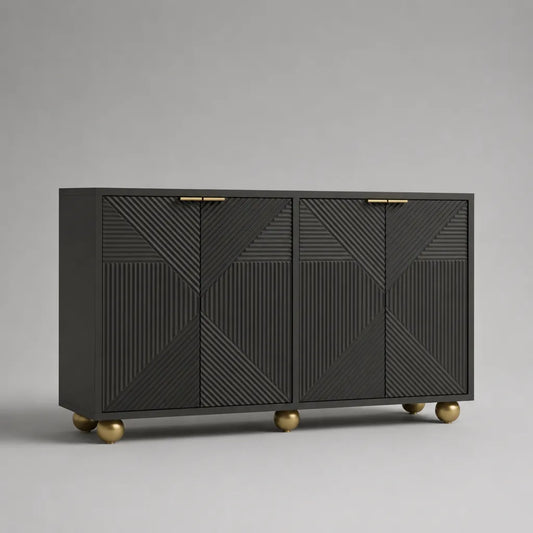 Buffet en MDF avec 4 portes et structure en relief géométrique, noir/en laiton, 160 × 40 × 80 cm